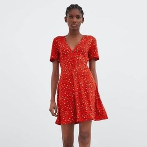 Zara Red Mini Floral Tea Dress (Small)